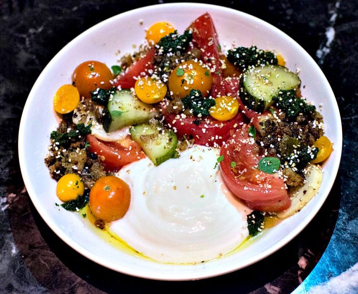 Le Turtle Heirloom Tomato, goldenberry, grilled cucumber, buttermilk & spelt crumble $16