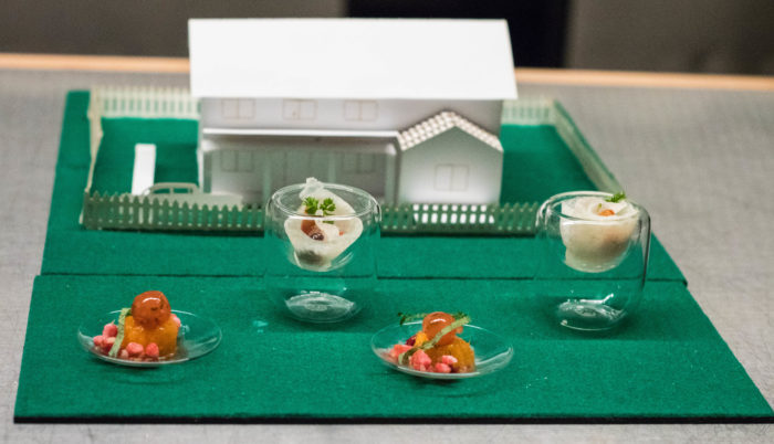 Dominique Ansel U.P. Unlimited Possibilities White Picket Fence - the American dream of home ownership, represented by a pop-up paper cut-outs - Apricot, blood orange, raspberry, shisho jicama, confit strawberry, cherry tomato, chervil, paired with Sake, Vodka, Jasmine