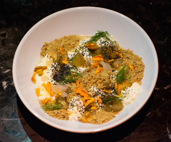 - Fresh Cheese, golden beets, confit onion, pickled chanterelle & rye $15 