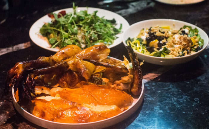 Le Turtle Sasso Chicken for two, summer squash, sheep’s milk ricotta, currants & almonds $64 