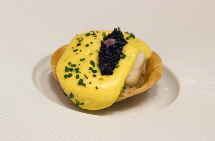 Gabriel Kreuther Signature dish available at bar & dining room: Sturgeon And Sauerkraut Tart, American Caviar Mousseline & Applewood Smoke