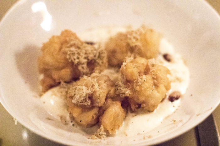 MIMI NYC Crispy Shirako, COD SPERM, brandade cream, tarbais beans, burgundy truffle - $21