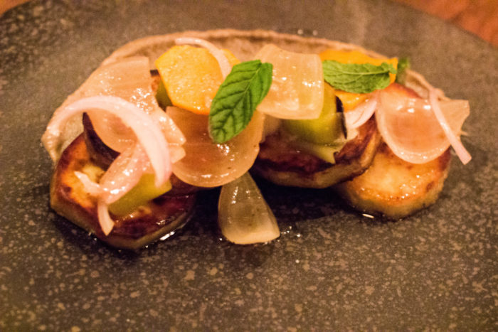 Fish and Game Sweet Potatoes with ash cooked leeks, brown butter onions, black walnut