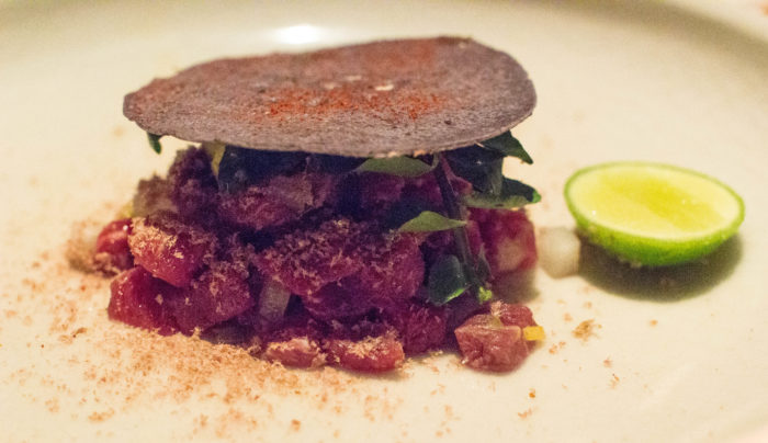 Pujol Tartar de Tasajo - Dry Beef Tartar, preserved lemon, radish, watercress, avocado