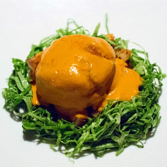 Pujol Conejo - Rabbit, red pepian, chorizo, carrot, lettuce