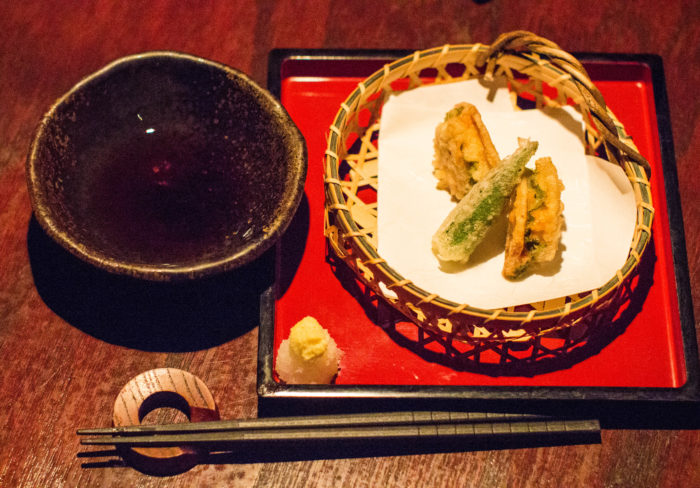 Zenkichi Tasting Menu 3rd course - Ebi Shinjo & Renkon Hasami-age- Deep-fried minced-shrimp wrapped in Renkon lotus root and Shiso leaf: Served with ginger, Daikon radish & tempura sauce