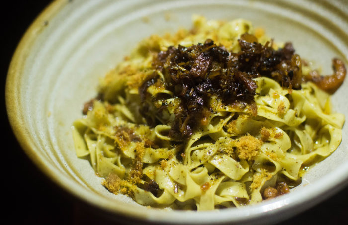 Chinese Tuxedo House Made Egg Noodles, Konbu Butter, XO Sauce, Pork Floss ($25)