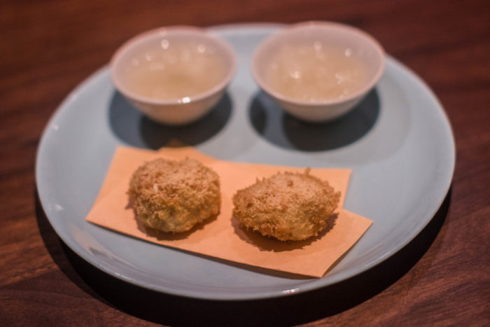 Momofuku Ko Chicken Oyster amuse-bouche with the most surprising White Kimchi 