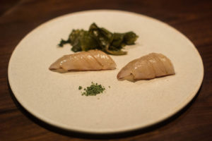 Momofuku Ko First Course: Fluke - barrel aged bonji