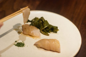 Momofuku Ko First Course: Fluke - barrel aged bonji