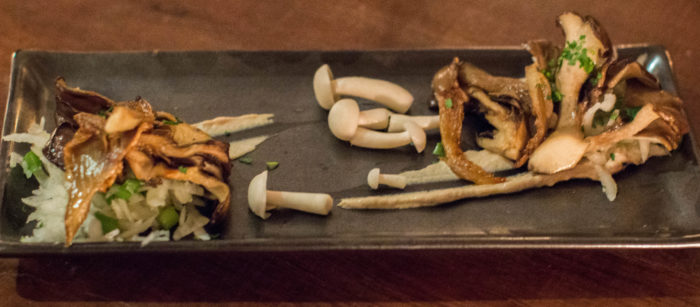 Avant Garden Hen of the Woods Hot Plate, mushroom purée, kohlrabi, picked hon shimeji ($16)