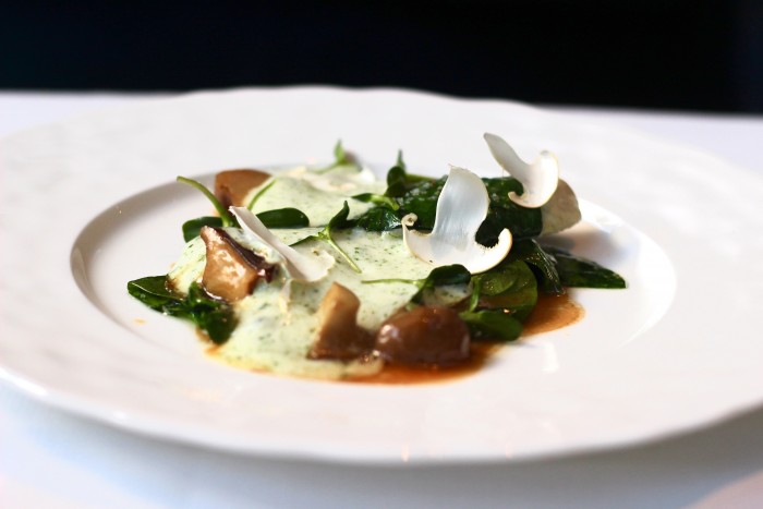 Branzino steamed in spinach - matsutake mushrooms