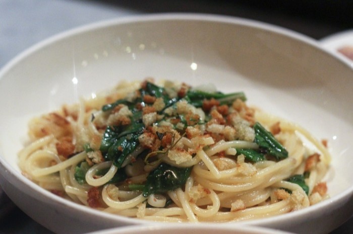 My favorite: spaghetti, garlic, chilies, parmesan $18