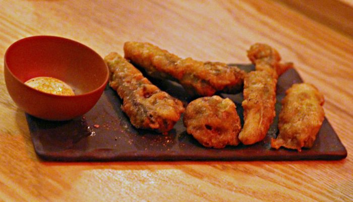 Tempura of Taranome with Bergamote Aioli, Cedar Salt & Seville Orange