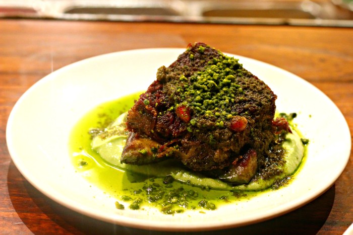 Casa Mono Confit Goat with Avocado Queso, Scallion Ash and Pistachios $19