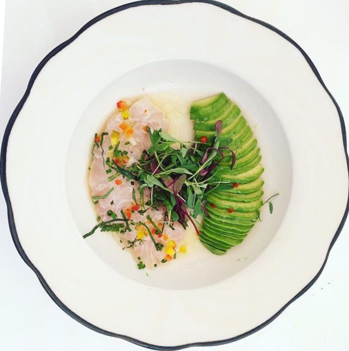 Grand banks Sea scallop ceviche with avocado, kaffir lime, brunoise of shallots, habanero, sweet peppers, and mint