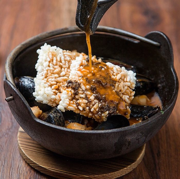 Oiji nyc Truffle Seafood Broth with Sizzling Crispy Rice ($23)