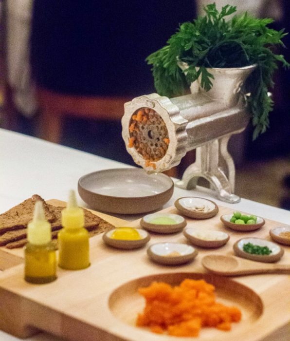 Eleven madison park Carrot Tartare with Rye Toast & Condiments in the making - 2012
