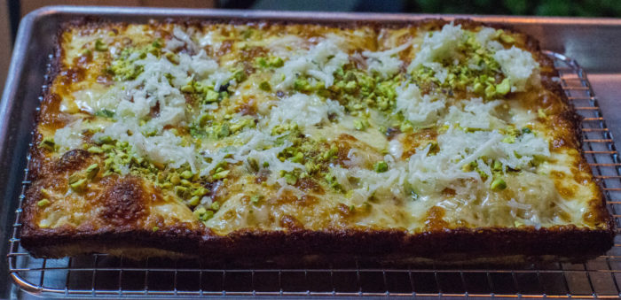 Signature pizza Detroit-Grandma style - Emily - pistachio, honey, truffle Sottocenere - $24 - good if you like sweet & salty