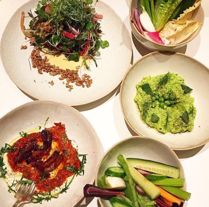 ABCV "Light & Fresh" vegetables (upper-clockwise): Green Chickpea Hummus with Thai basil ($13); pine nut and lemon, harissa, dried apricot ($14): Stems and sprouts with garlic, basil, sunflower and lemon ($14)