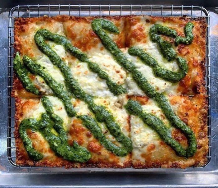 Square pizza with Gotham Greens basil pesto