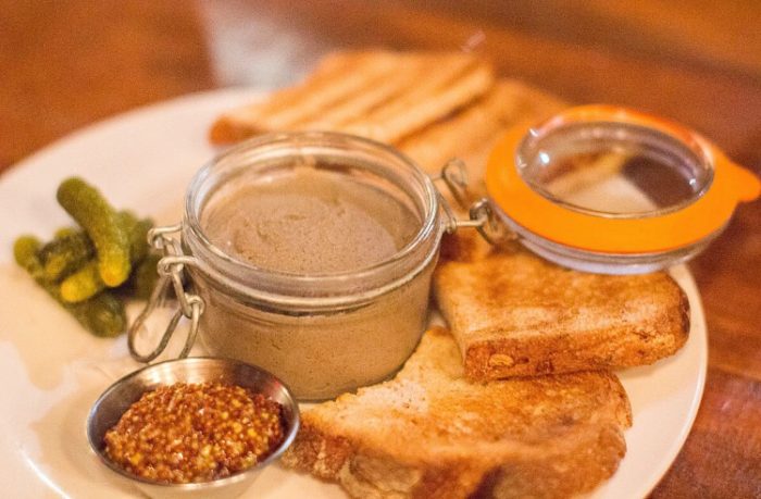 Chicken liver paté, grain mustard, cornichons, toast ($8)