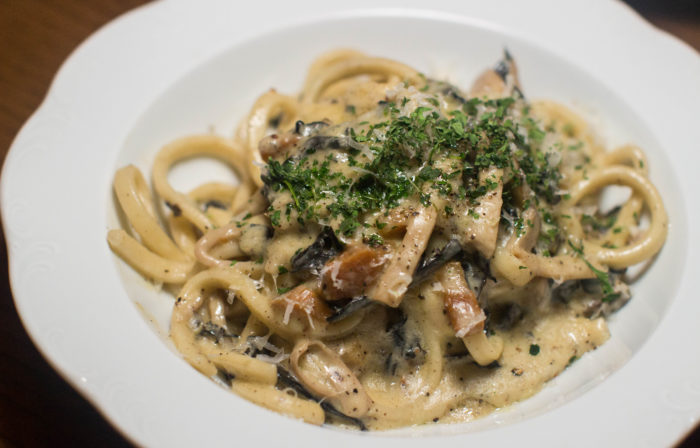 Mushroom Carbonara, pici, trumpets, guanciale (appetizer size $16)