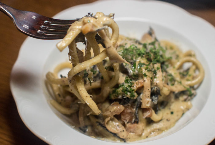 Mushroom Carbonara, pici, trumpets, guanciale (appetizer size $16)