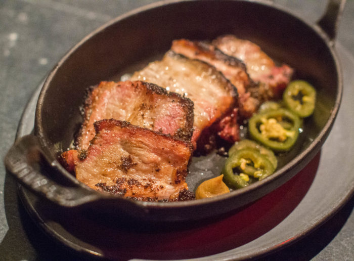 Korean "bacon" - house-smoked, crispy heritage pork belly, pickled jalapeño ($16)