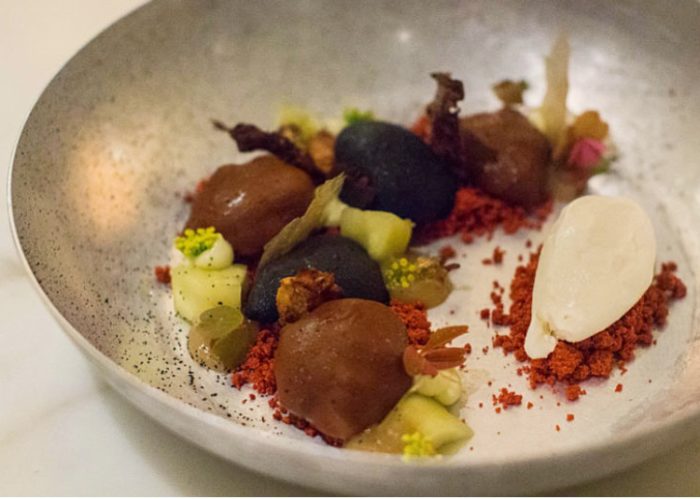 Signature dessert: Hills of Jerusalem, rocks of cardamom chocolate & halva, crispy Jerusalem artichokes (!), pistachio cream, almond sable & smoked yogurt ice cream ($16)