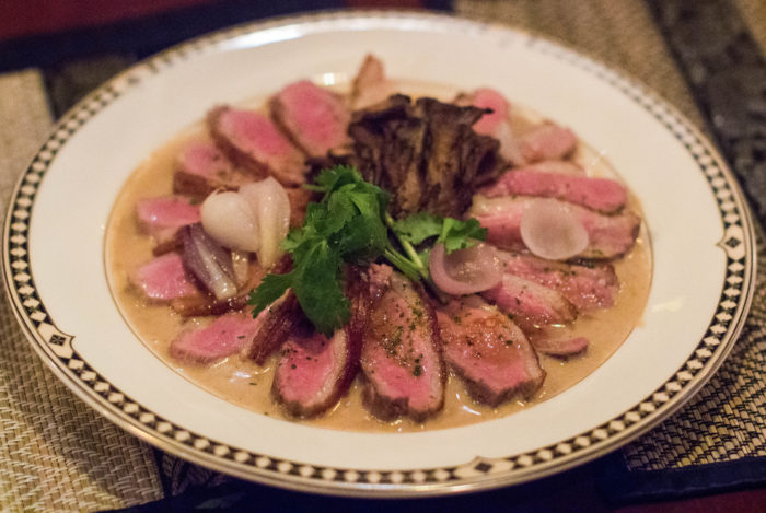 Uncle Boons Tom Khaa Pet - incredible Duck Breast & Maitake Mushroom in a coconut milk, kaffir lime leaf & Galangal sauce ($29)