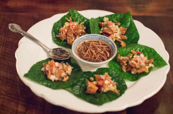 Uncle Boons MIENG KUM - Betel Leaf Wrap with Ginger, Lime, Toasted Coconut, Dried Shrimp, Chiles & Peanuts