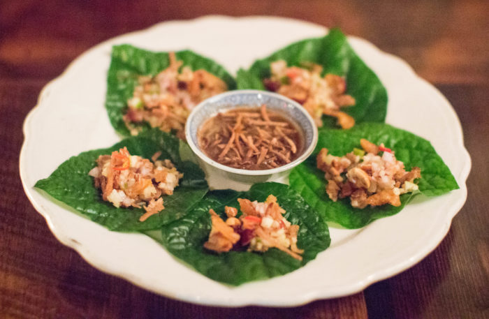 Uncle Boons MIENG KUM - Betel Leaf Wrap with Ginger, Lime, Toasted Coconut, Dried Shrimp, Chiles & Peanuts